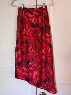 Alice + Olivia Red Floral Satin Asymmetrical Midi Skirt
